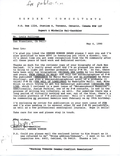 Download the full-sized image of Letter from Rupert Raj to Lou Sullivan (May 4, 1990)