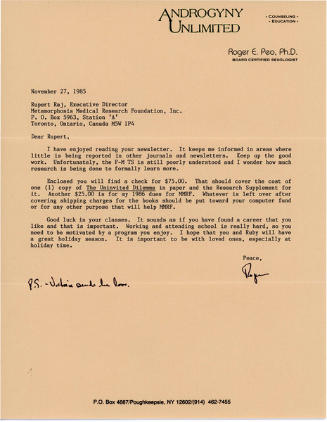 Download the full-sized image of Letter from Roger E. Peo to Rupert Raj (November 27, 1985)