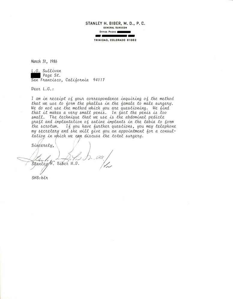 Download the full-sized PDF of Correspondence from Stanley Biber to Lou Sullivan (March 31, 1986)