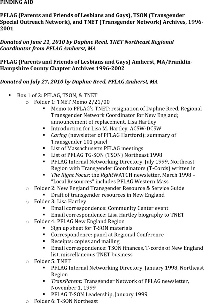 Download the full-sized PDF of PFLAG (Parents and Friends of Lesbians and Gays), TSON (Transgender Special Outreach Network), and TNET (Transgender Network) Archives, 1996- 2001