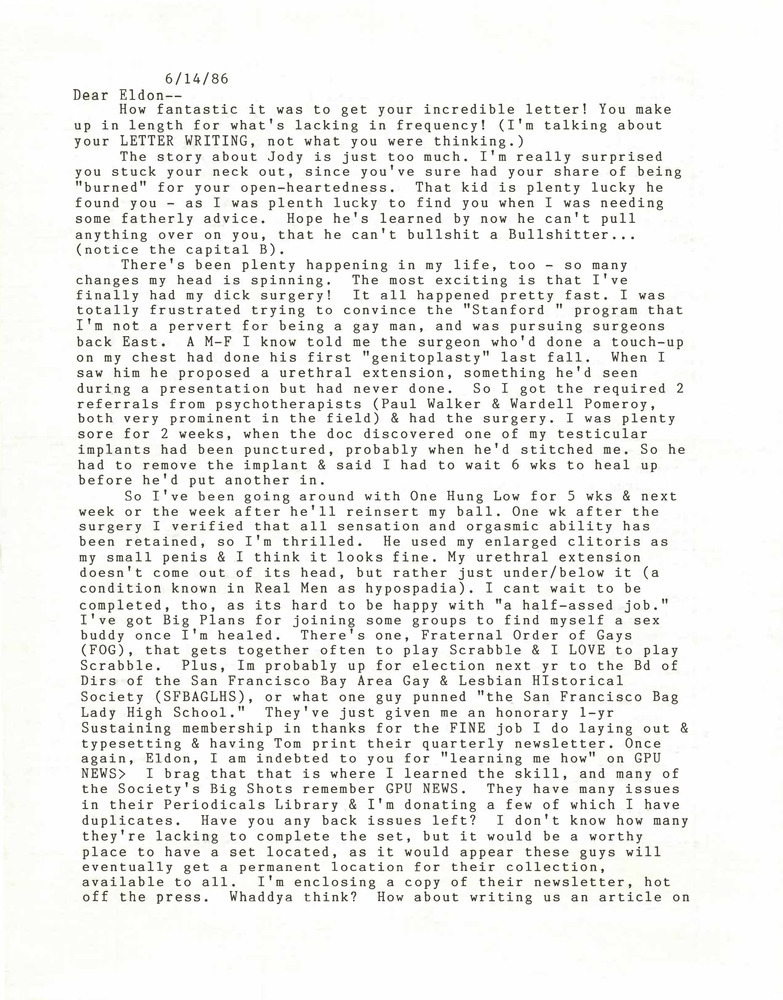 Download the full-sized PDF of Correspondence from Lou Sullivan to Eldon Murray (June 14, 1986)