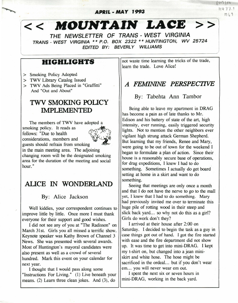 Download the full-sized PDF of Mountain Lace: The Newsletter of Trans - West Virginia (April-May, 1993)