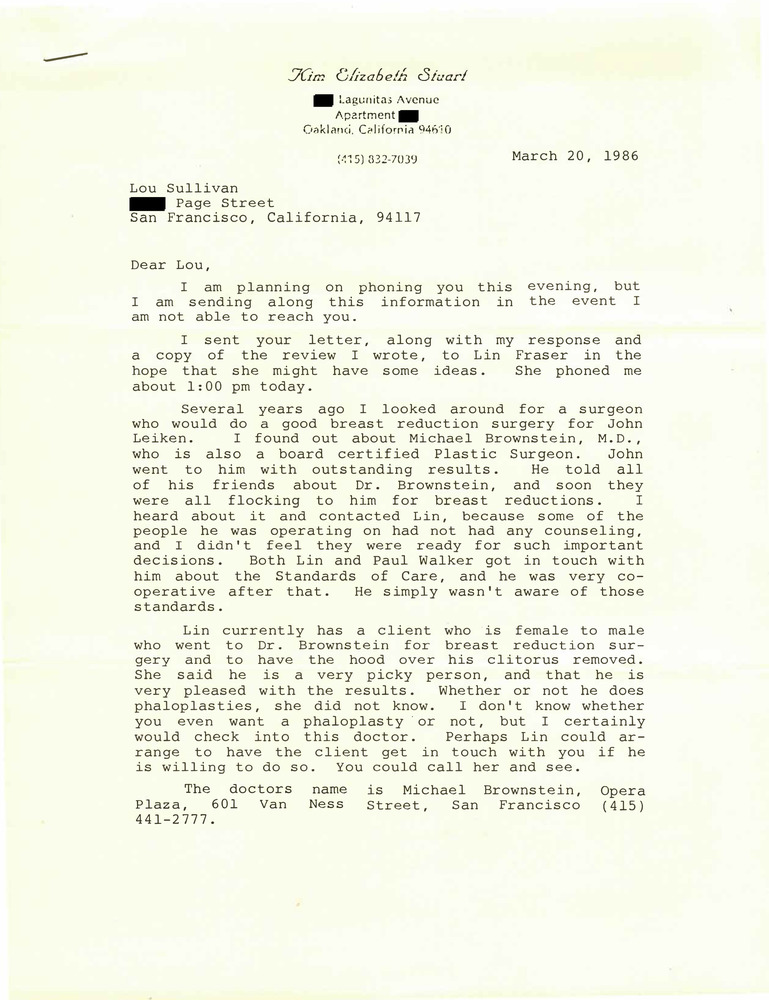 Download the full-sized PDF of Correspondence from Kim Stuart to Lou Sullivan (March 20, 1986)
