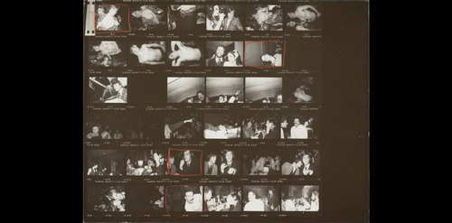 Download the full-sized image of At a party with Christopher Makos taking off a man's leopard shirt, shirtless man with drag queen; Bianca Jagger with others in the back of a limousine; Liza Minnelli with others at a table in a club, Regine, Victor Hugo