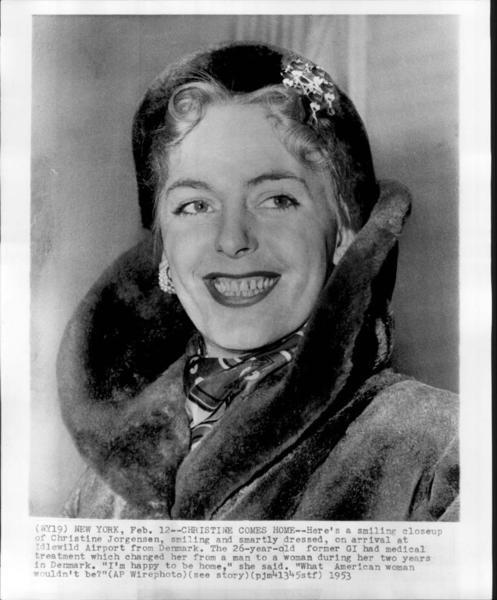 Download the full-sized image of Close-Up of Christine Jorgensen Upon Arrival at New York Idlewild Airport