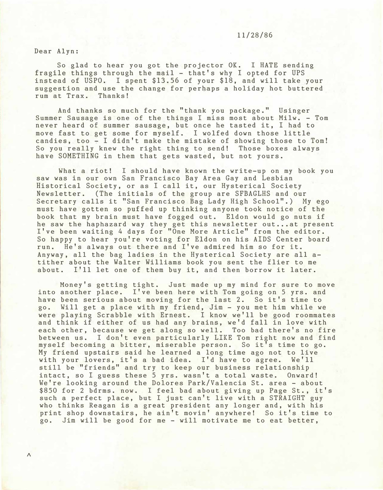 Download the full-sized PDF of Correspondence from Lou Sullivan to Alyn Hess (November 28, 1986)