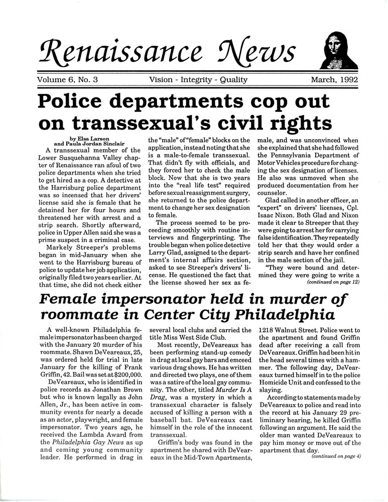 Download the full-sized PDF of Renaissance News, Vol. 6 No. 3 (March 1992)