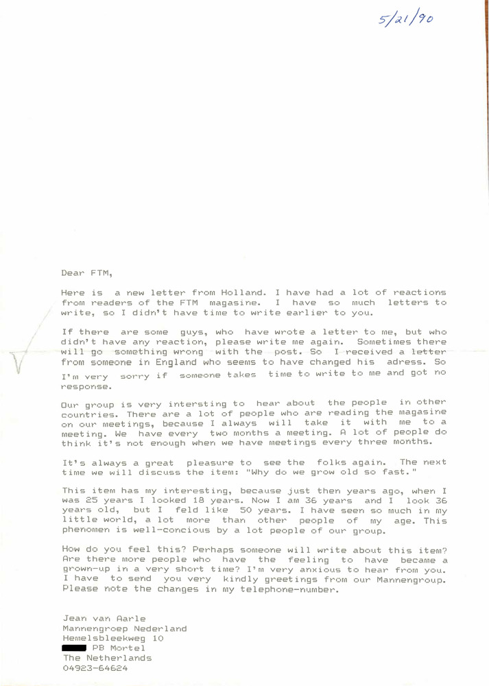 Download the full-sized PDF of Correspondence from Jean Aarle to Lou Sullivan (May 21, 1990)