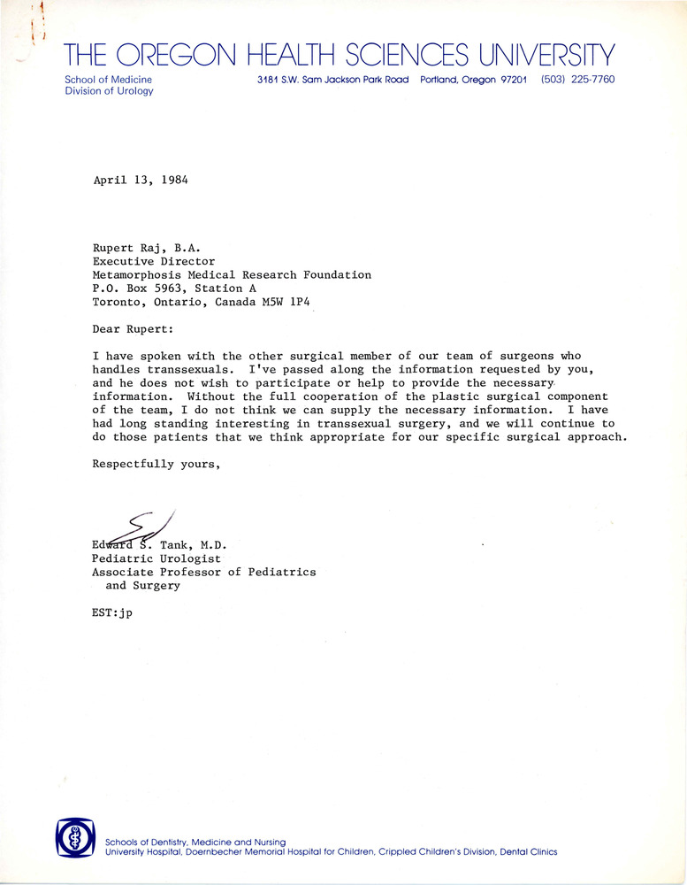 Download the full-sized PDF of Letter from Edward S. Tank to Rupert Raj (April 13, 1984)