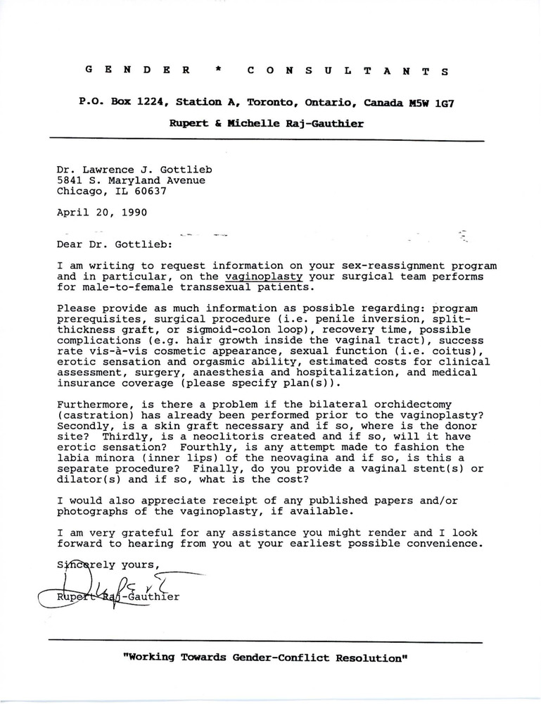 Download the full-sized PDF of Letter from Rupert Raj to Dr. Lawrence J. Gottlieb (April 20, 1990)