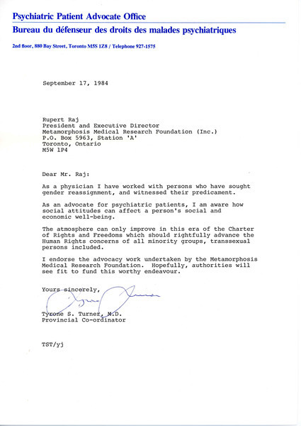 Download the full-sized image of Letter from Tyrone S. Turner to Rupert Raj (September 17, 1984)