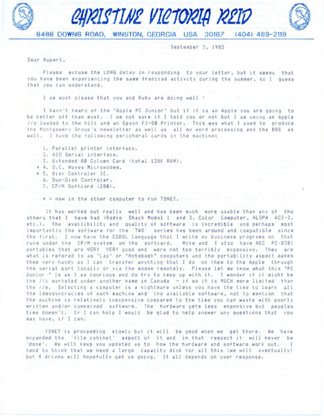 Download the full-sized image of Letter from Christine Victoria Reid to Rupert Raj (September 3, 1985)