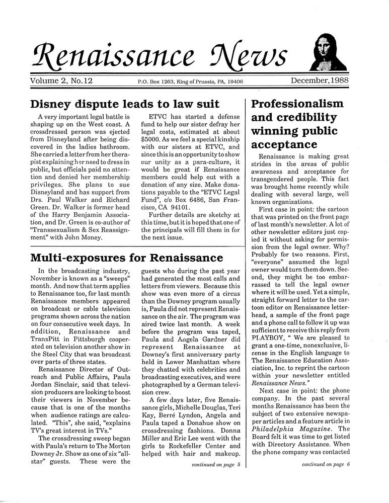 Download the full-sized PDF of Renaissance News, Vol. 2 No. 12 (December 1988)