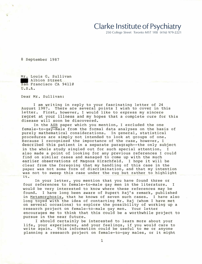 Download the full-sized PDF of Correspondence from Ray Blanchard to Lou Sullivan (September 8, 1987)