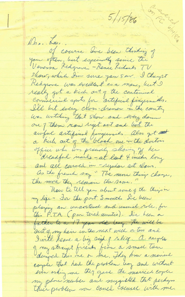 Download the full-sized PDF of Correspondence from Eldon Murray to Lou Sullivan (May 15, 1986)
