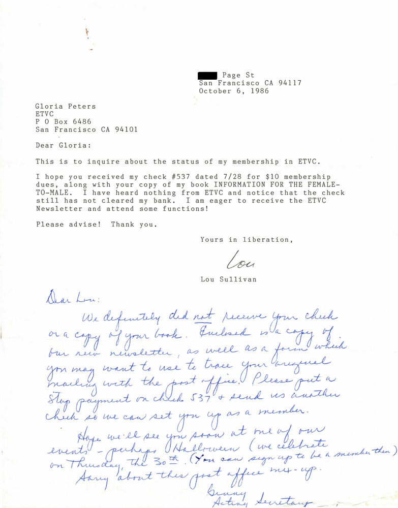 Download the full-sized PDF of Correspondence from Lou Sullivan to Gloria Peters (October 6, 1986)