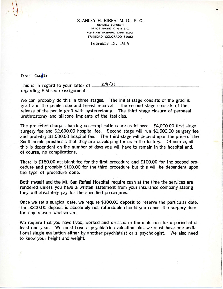 Download the full-sized PDF of Letter from Dr. Stanley H. Biber to Carl (February 2, 1985)