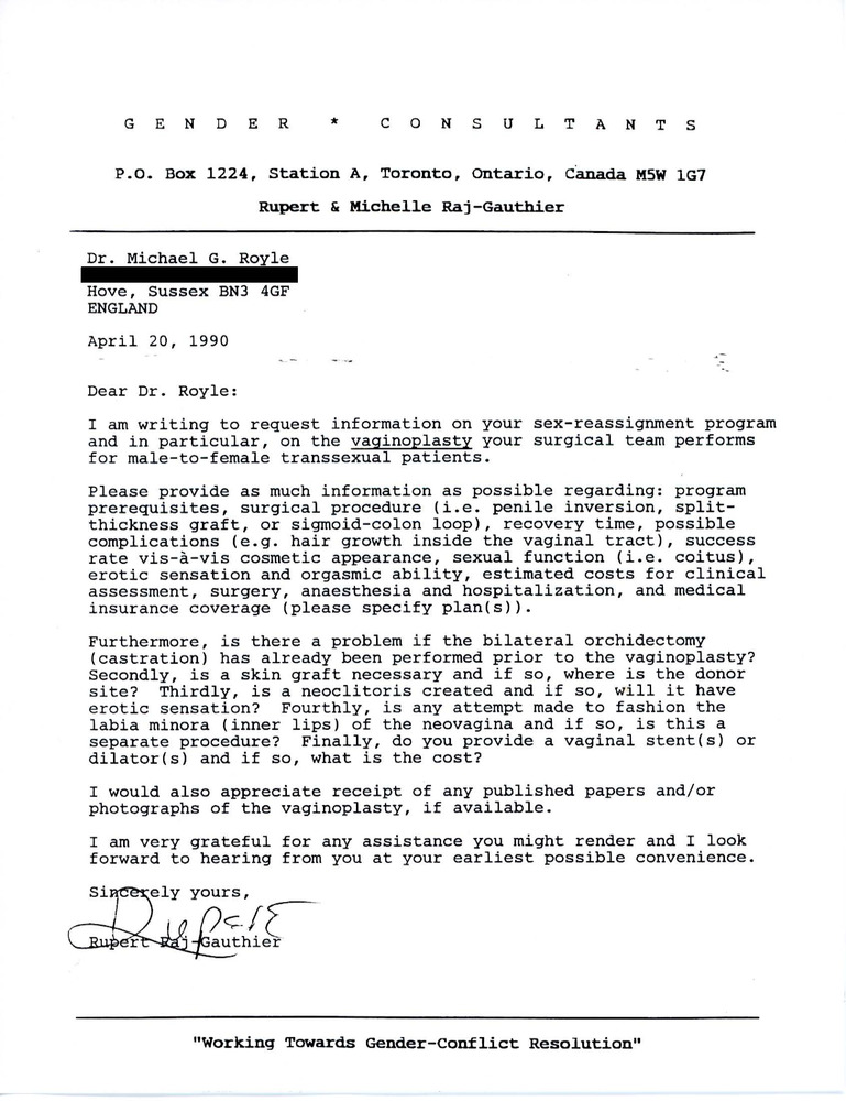 Download the full-sized PDF of Letter from Rupert Raj to Dr. Michael G. Royle (April 20, 1990)
