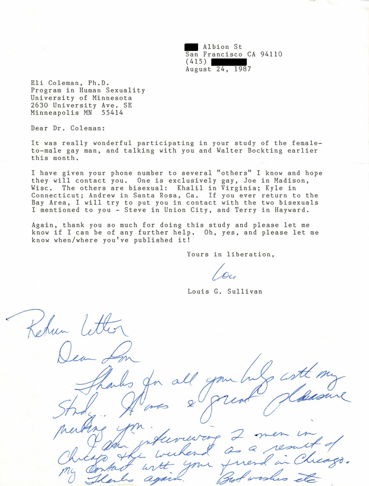 Download the full-sized PDF of Correspondence Between Lou Sullivan, Eli Coleman, and Walter Bockting (August 1987)