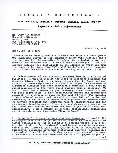 Download the full-sized image of Letter from Rupert Raj to Judy Van Maasdam (October 13, 1989)