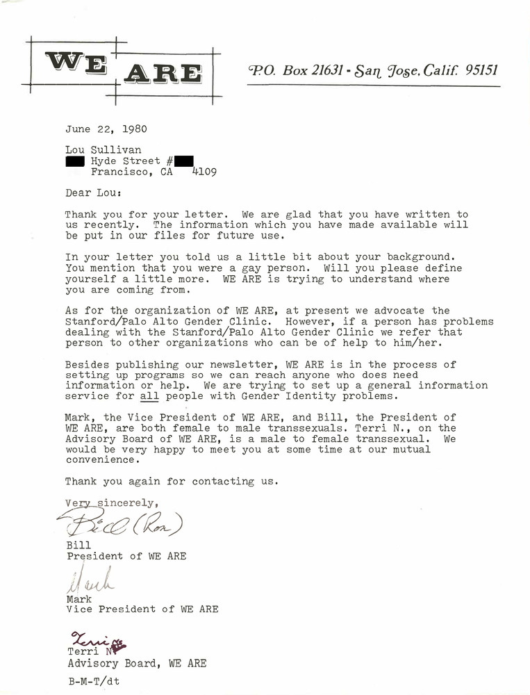 Download the full-sized PDF of Correspondence from Bill, Mark, and Terri to Lou Sullivan (June 22, 1980)