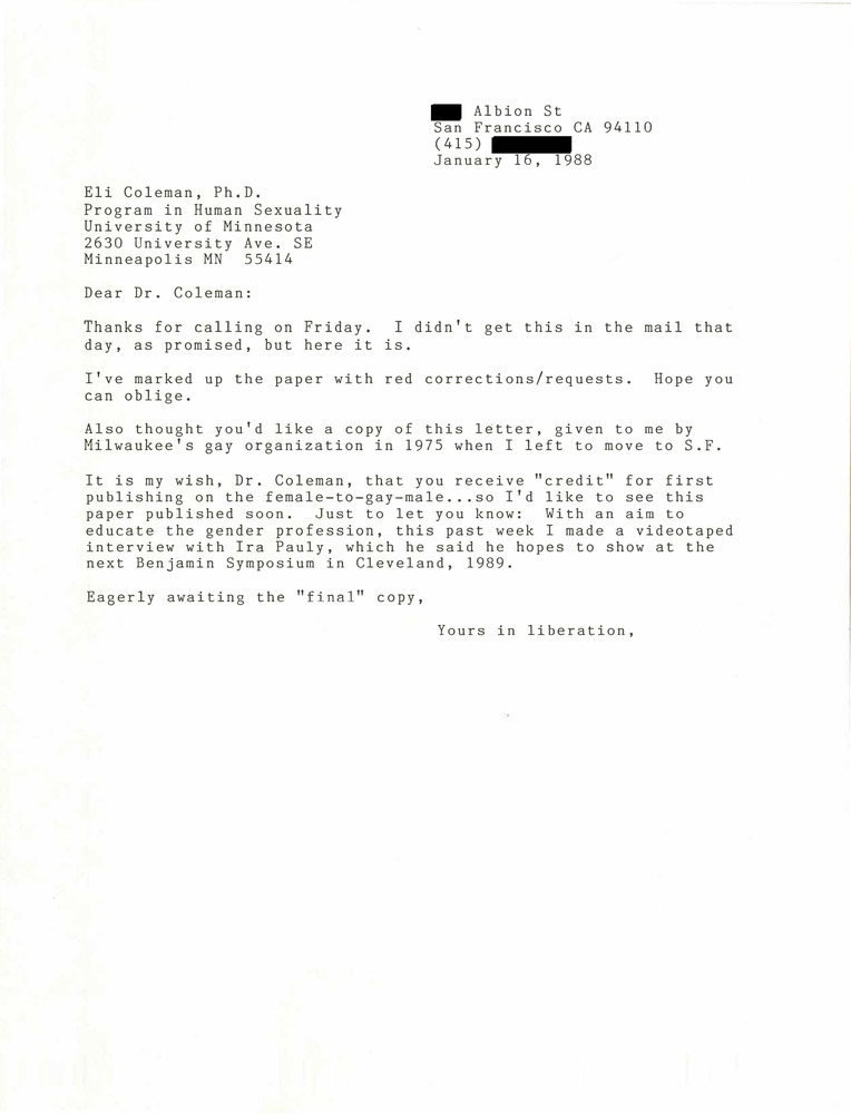 Download the full-sized PDF of Correspondence from Lou Sullivan to Eli Coleman (January 16, 1988)