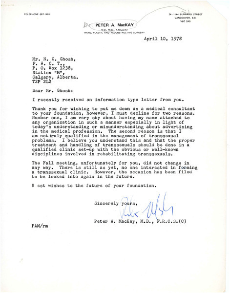 Download the full-sized image of Letter from Dr. Peter A. MacKay to Rupert Raj (April 10, 1978)