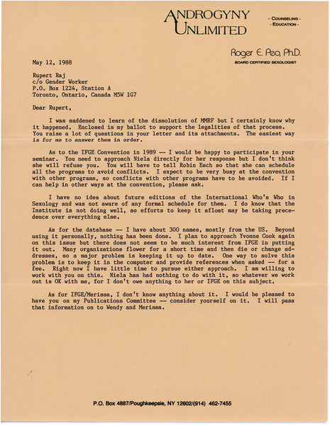 Download the full-sized image of Letter from Roger E. Peo to Rupert Raj (May 12, 1988)