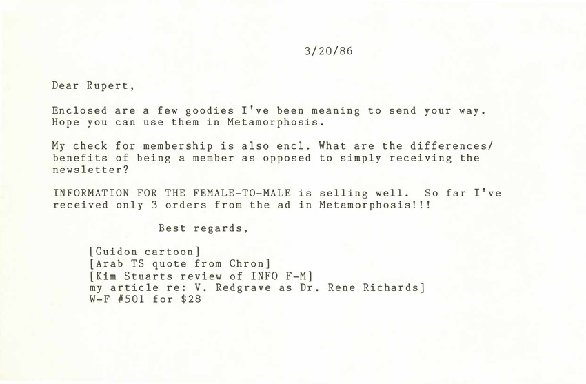 Download the full-sized PDF of Correspondence from Lou Sullivan to Rupert Raj (March 20, 1986)