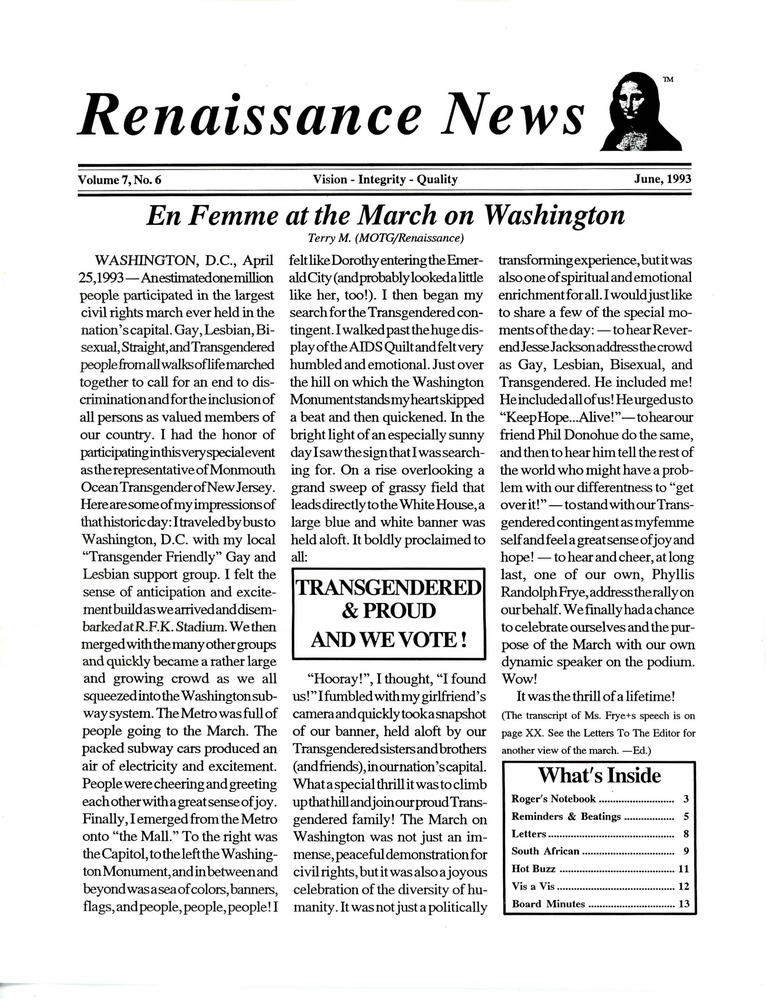 Download the full-sized PDF of Renaissance News, Vol. 7 No. 6 (June 1993)