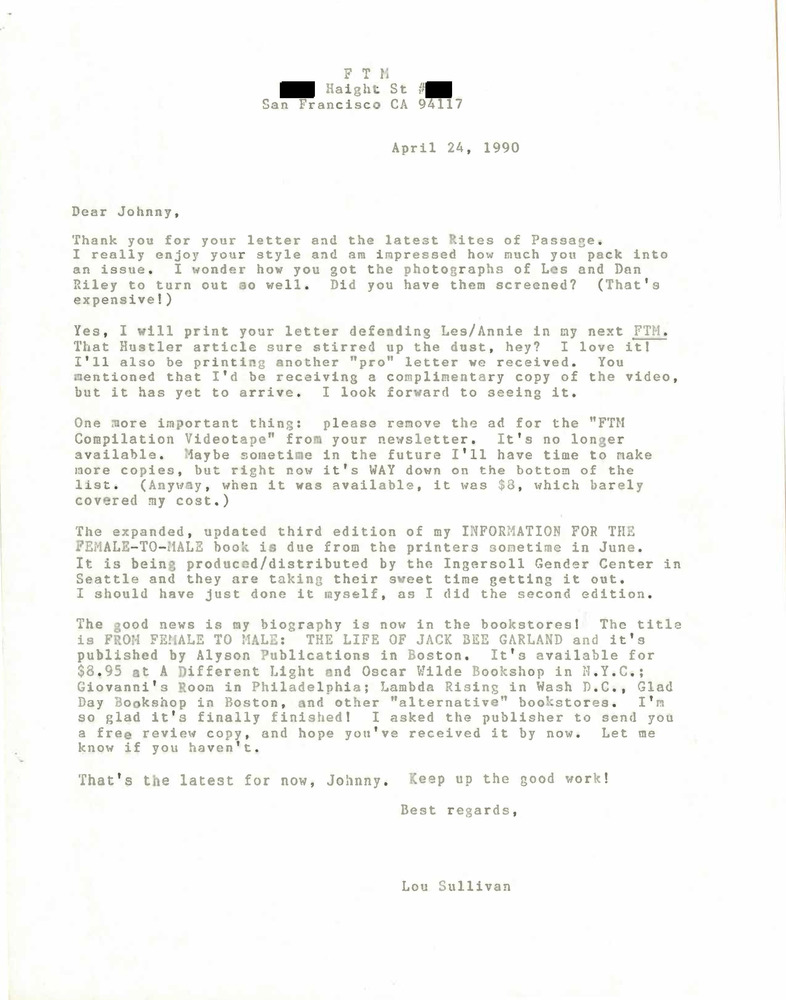Download the full-sized PDF of Correspondence from Lou Sullivan to John Armstrong (April 24, 1990)