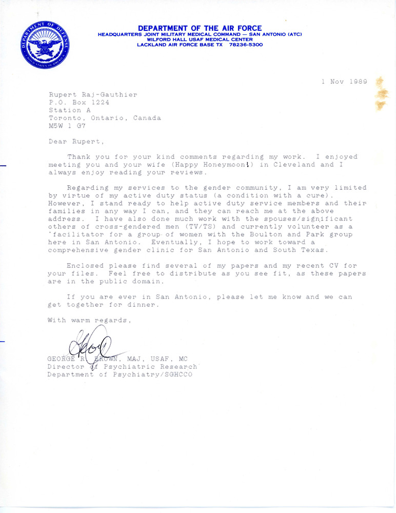 Download the full-sized PDF of Letter to Rupert Raj from George R. Brown (November 1, 1989)
