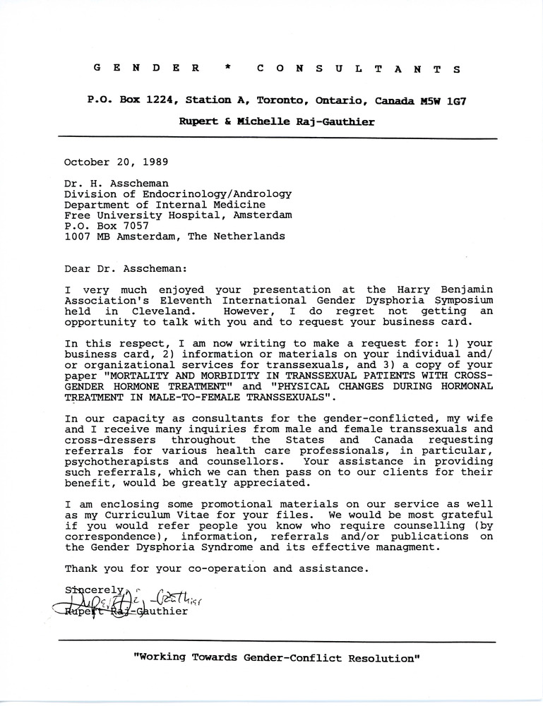 Download the full-sized PDF of Letter from Rupert Raj to Dr. H Asscheman (October 20, 1989)