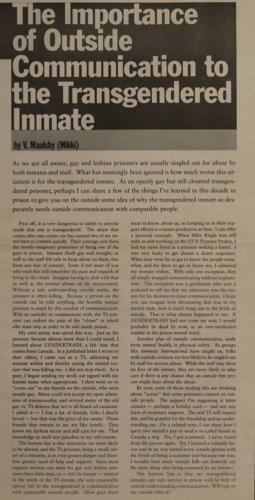 Download the full-sized PDF of The Importance of Outside Communication to the Transgendered Inmate