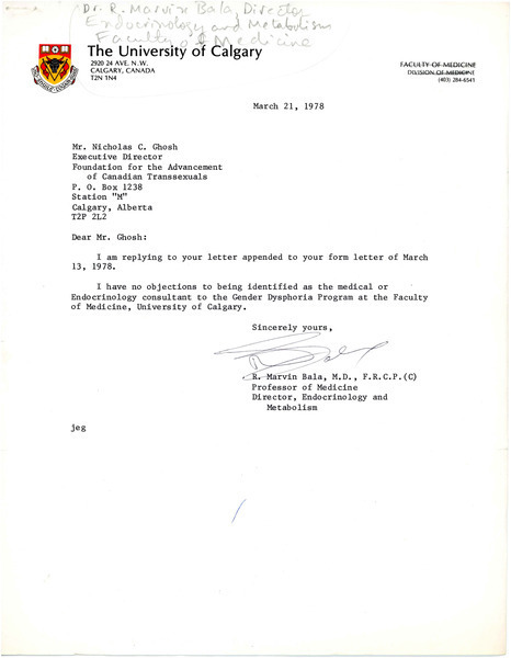 Download the full-sized image of Letter from Dr. R. Marvin Bala to Rupert Raj (March 21, 1978)