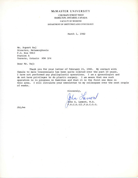 Download the full-sized image of Letter from John A. Lamont to Rupert Raj (March 1, 1982)