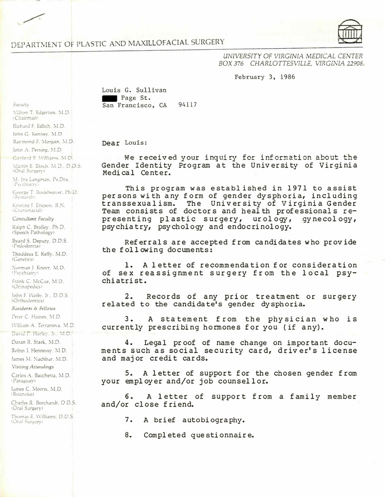 Download the full-sized PDF of Correspondence from Milton Edgerton to Lou Sullivan (February 3, 1986)