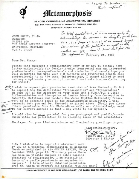 Download the full-sized image of Letter from Rupert Raj to John Money (February 21, 1982)