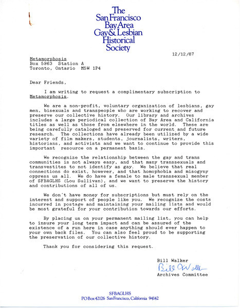 Download the full-sized image of Letter from Bill Walker (December 12, 1987)