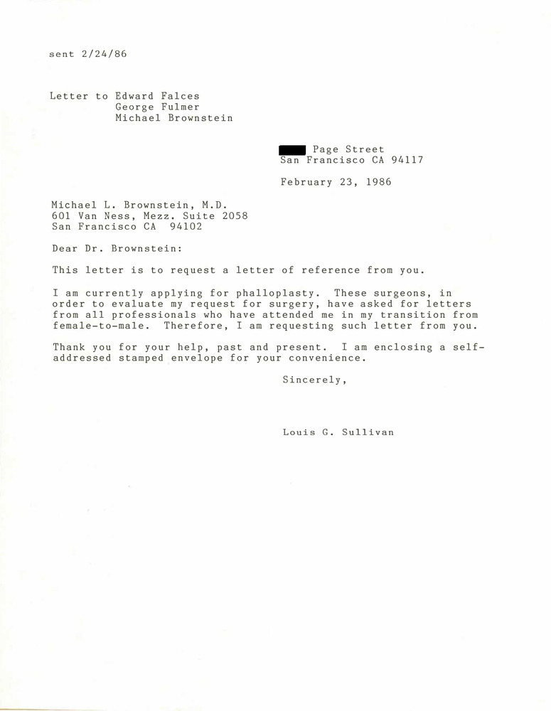 Download the full-sized PDF of Correspondence from Lou Sullivan to Michael Brownstein (February 23, 1986)