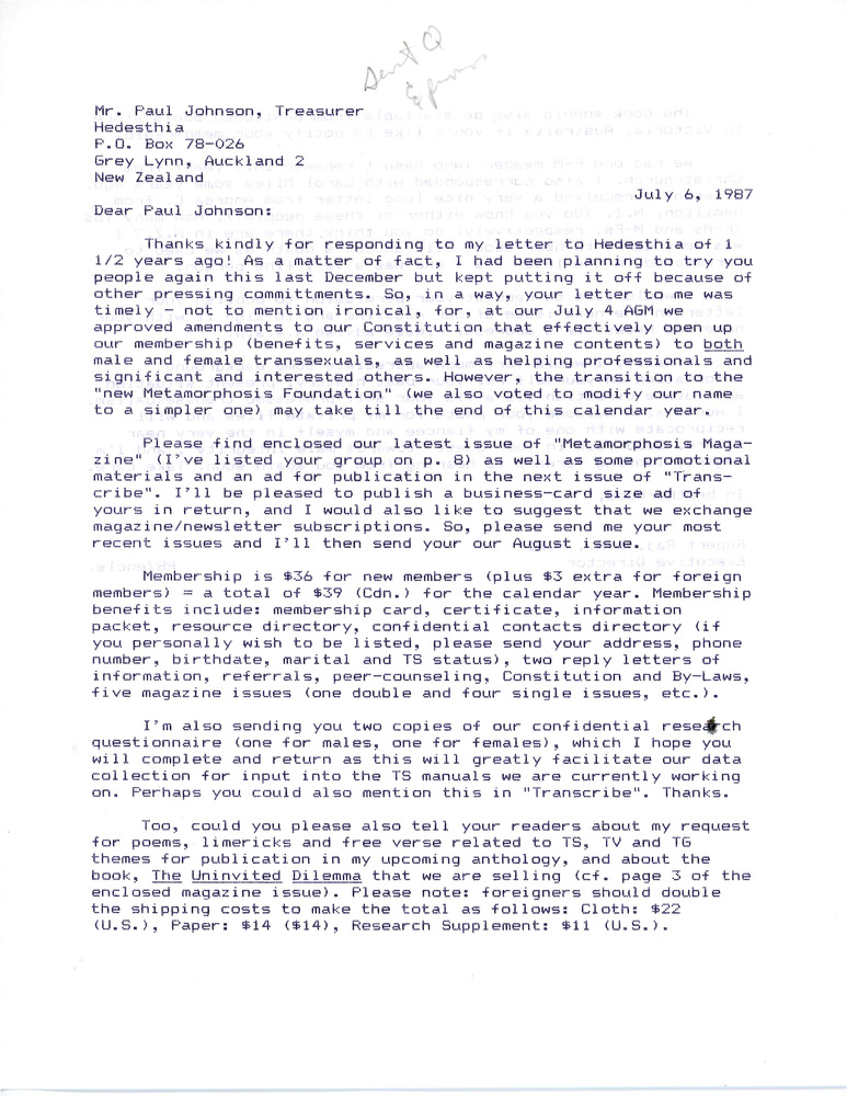 Download the full-sized PDF of Letter from Rupert Raj to Paul Johnson (July 6, 1987)