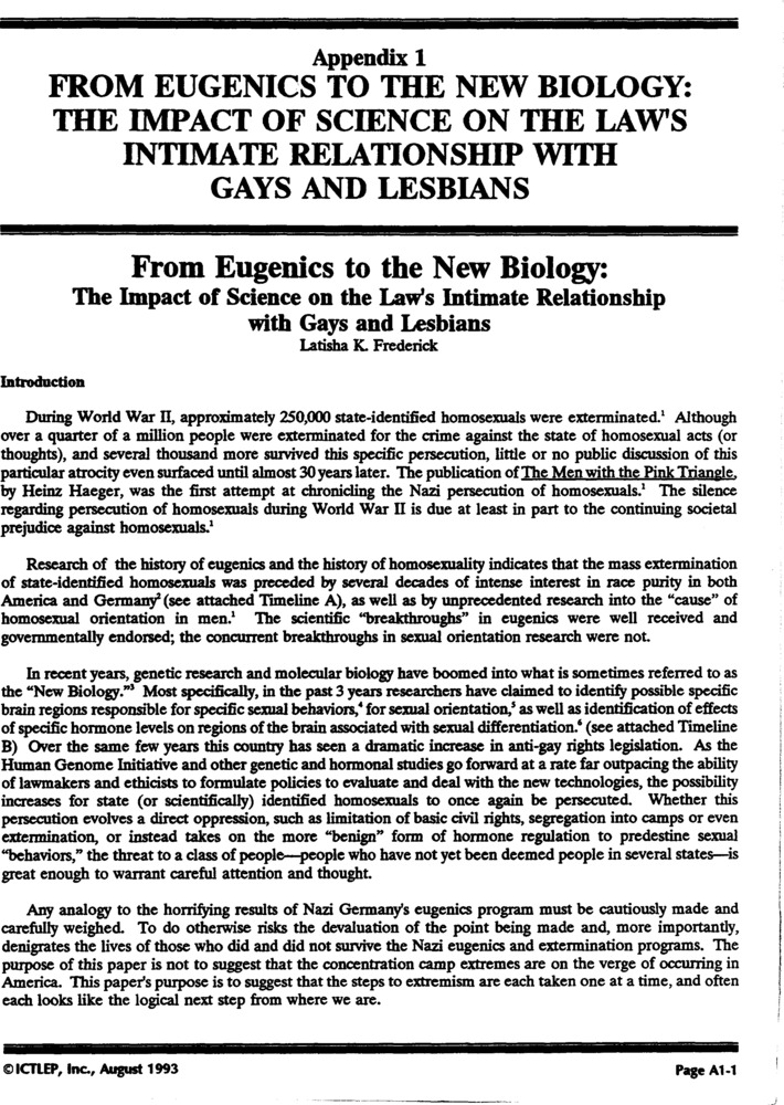 Download the full-sized PDF of Appendix 1: From Eugenics to the New Biology: the Impact of Science on the Law's Intimate Relationship with Gays and Lesbians
