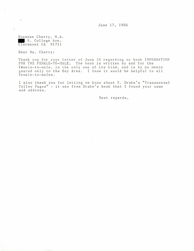 Download the full-sized PDF of Correspondence from Lou Sullivan to Roxanne Cherry (June 17, 1986)