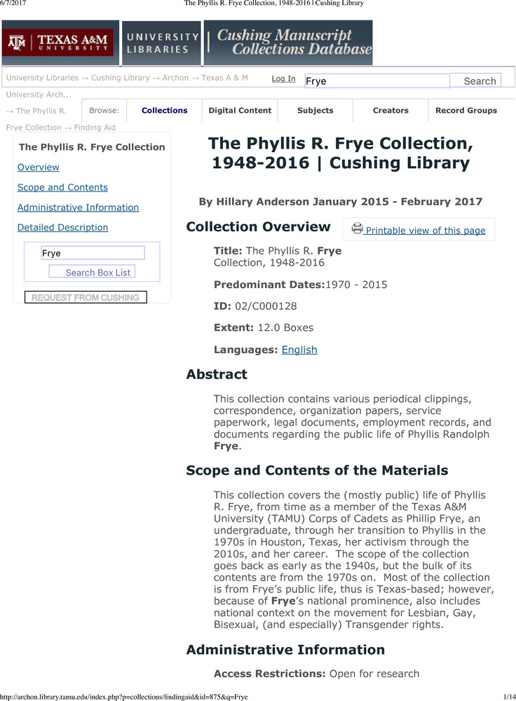 Download the full-sized PDF of The Phyllis R. Frye Collection, 1948-2016