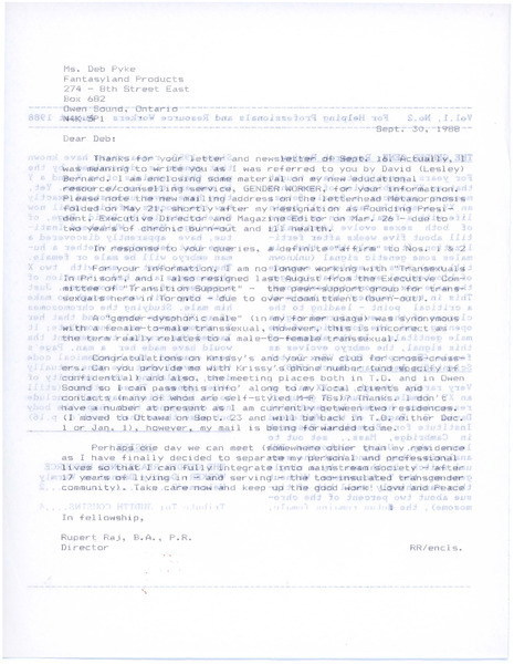 Download the full-sized image of Letter from Rupert Raj to Deb Pyke (September 30, 1988)