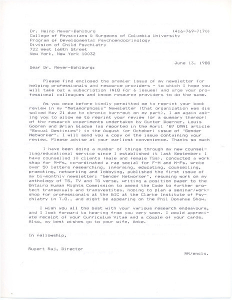 Download the full-sized image of Letter from Rupert Raj to Dr. Heino Meyer-Bahlburg (June 13, 1988)