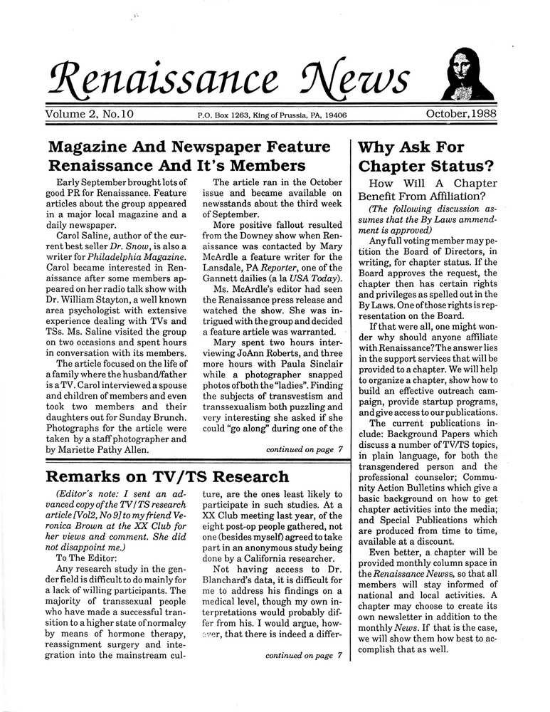 Download the full-sized PDF of Renaissance News, Vol. 2 No. 10 (October 1988)