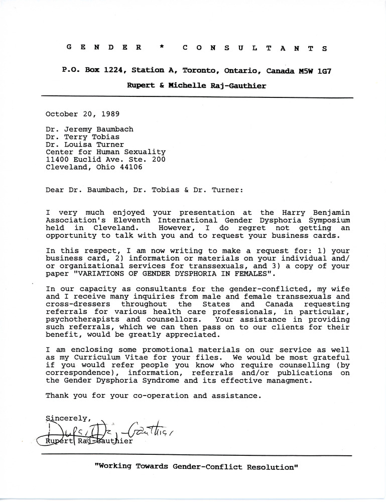 Download the full-sized PDF of Letter from Rupert Raj to Dr. Jeremy Baumbach, Dr. Terry Tobias, and Dr. Louisa Turner (October 20, 1989)