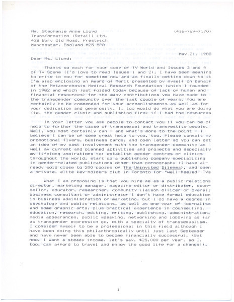 Download the full-sized image of Letter from Rupert Raj to Stephanie Anne Lloyd (May 21, 1988)