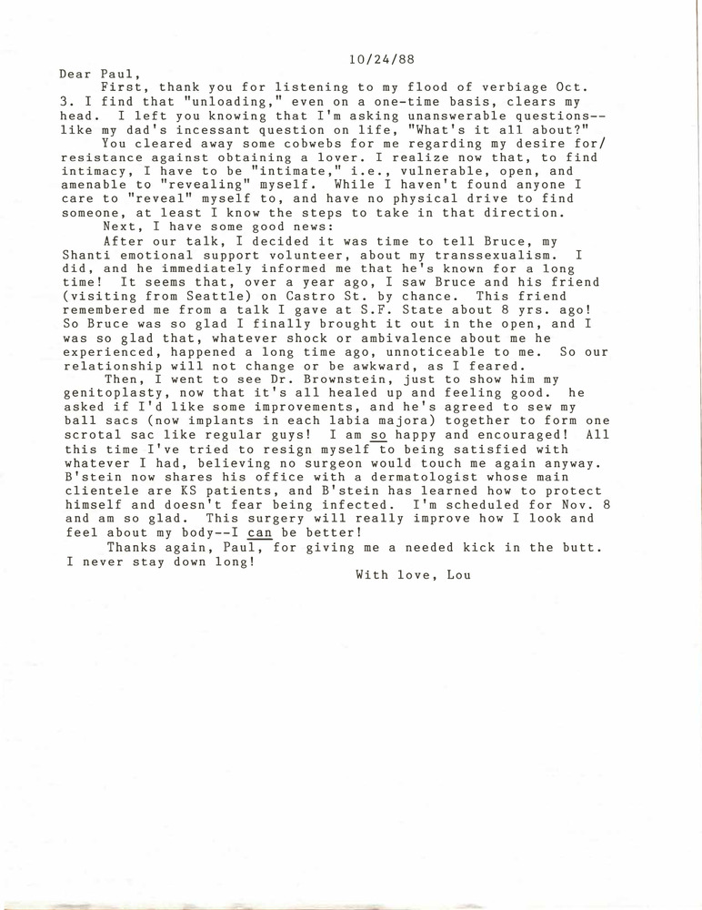 Download the full-sized PDF of Correspondence from Lou Sullivan to Paul Walker (October 24, 1988)